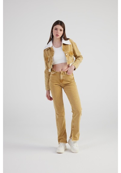 Holly Lolly Mermer Desenli Kırçıl Detaylı Straight Kesim Paça Yırtmaçlı Rusted Jean Pantolon Camel