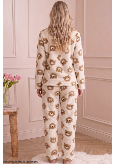 Siyah İnci Ekru Alt-üst Wellsoft Düğmeli Kışlık Örme Hırkalı Pijama Takım 26221901