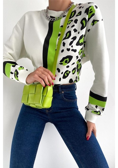 Femelle Kadın Leopar Desen Pamuk Sweatshirt Beyaz