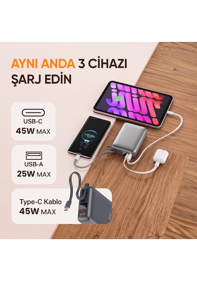 Juo 20000mah 45w Led Ekranlı Usb-a + Type-c Dahili Kablolu Powerbank Taşınabilir Pd Hızlı Şarj Cihazı Siyah