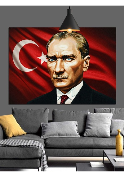 Bayrak Önünde Atatürk Portresi Dekoratif Kanvas - Mdf Ahşap Tablo