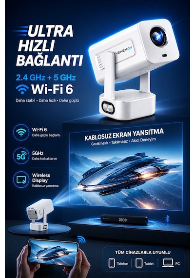 Pro602 Taşınabilir Android Projeksiyon Cihazı Bass Projektör Telefon Ekran Yansıtma Wifi Bluetooth