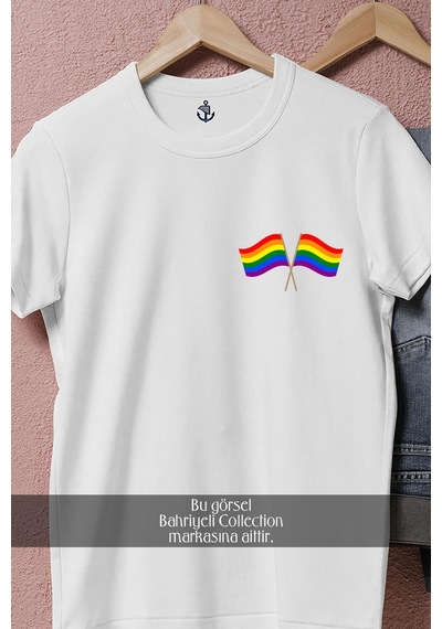 Oversize Lgbt Two Flag Cep Tasarımlı Unisex T-shirt Beyaz
