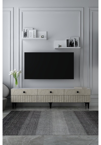 180dhdtrü7bt İlay Lazer Desenli Raflı Tv Sehpası Ünitesi Beyaz-traverten