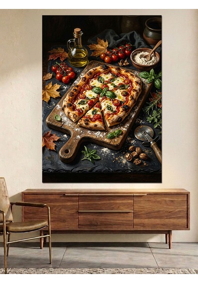 Odun Tahtada Domatesli Pizza Dilimleri Dekoratif Kanvas - Mdf Ahşap Tablo Çok Renkli