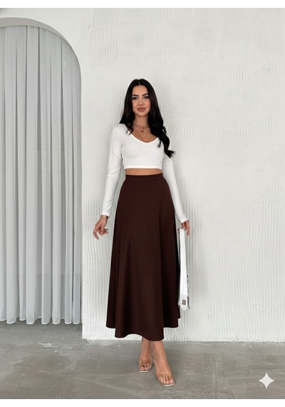 Ozy Fashion Kadın Süet Kloş Etek Koyu Kahverengi