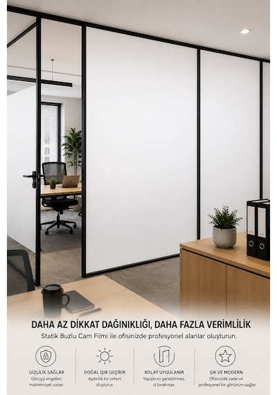 Deconitte Statik Düz Beyaz Buzlu Cam Filmi 60x100 Cm Yapışkansız Mahremiyet Sağlayan Dekoratif Cam Kaplama, Kumlama