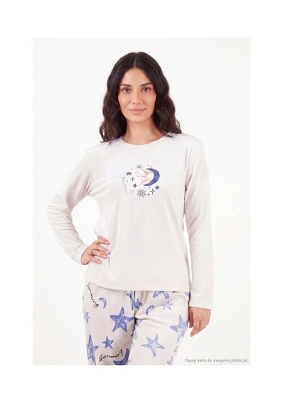 Lela Desenli Yumuşak Dokulu Uzun Kollu Pijama Takımı Kadın Pijama Takımı 65750155 Krem