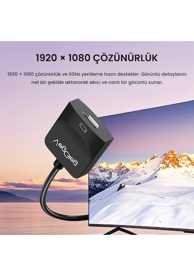 Veggieg Vga To Hdmı Full Hd 1080p 60hz Aux Ses Destekli Usb Beslemeli Çevirici Dönüştürücü Adaptör