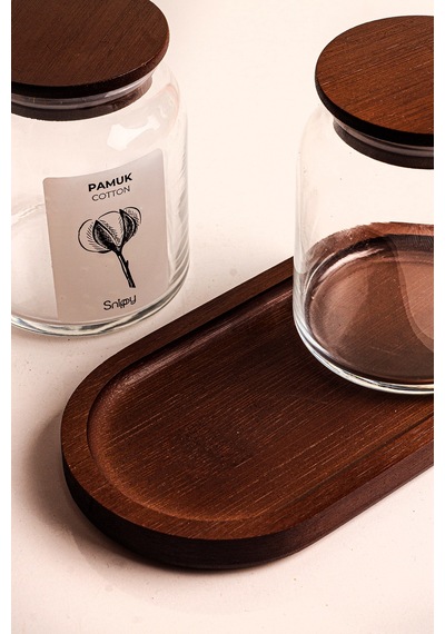 Velar - Bambu Standlı Vakum Bambu Kapaklı Etiketli Banyo Düzenleyici Cam Banyo Seti Banyo Organizeri Kahverengi
