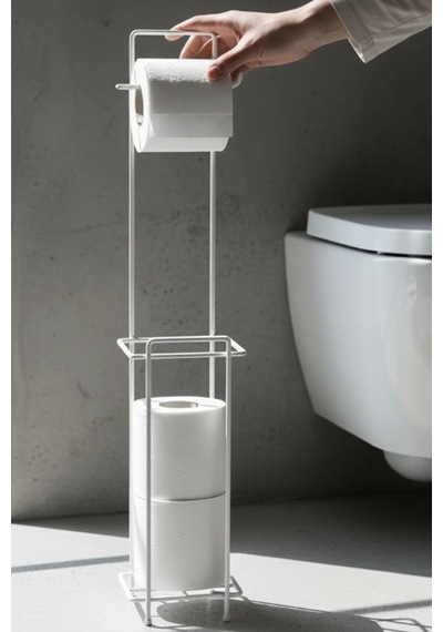 Metal Ayaklı Tuvalet Kağıtlığı - Yedekli Ve Pratik Banyo Kağıt Havlu Standı Banyo Düzenleyici Stand Beyaz