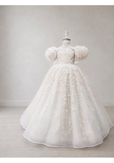 Star Kids Fashion Kız Çocuk Beyaz Prenses Elbisesi Çiçek İşlemeli Kabarık Tül Abiye Doğum Günü Düğün Özel Gün Elbisesi