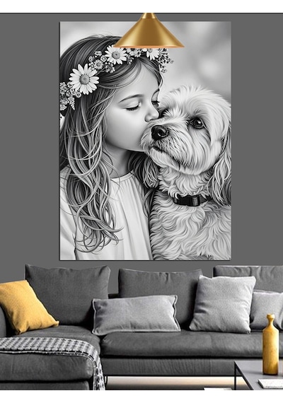 Kız Çocuğu Ve Köpek Dostluğu Sevimli Siyah Beyaz Dekoratif Kanvas - Mdf Ahşap Tablo
