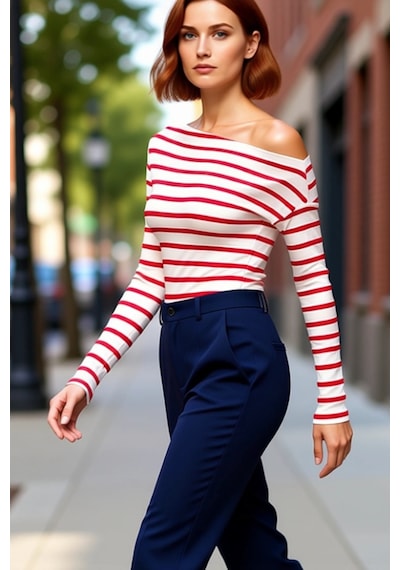 Ersefa Moda Kayık Yaka Örme Slim Çizgili Desen Casual Günlük Regular Uzu Kırmızı