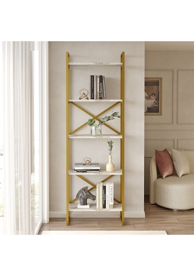 Atlantis 175cm Gold Metal Kitaplık 5 Raflı Mermer Desen Atl3-ge Efes