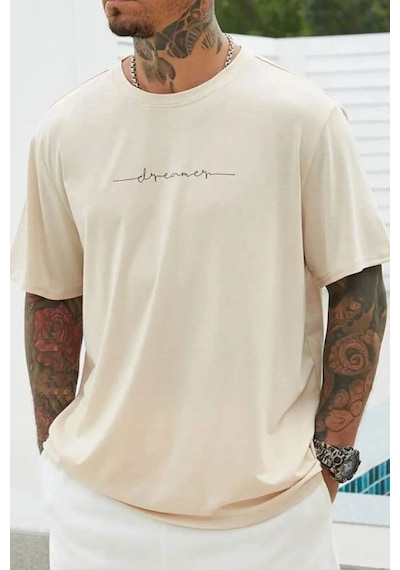 Erkek Dreamer Baskılı Oversize Tshirt Bej