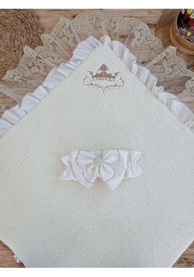 Yenidoğan Wool Yün Kumaş Taç Nakışlı Güpür Duvaklı Fiyonk Prizma Taş Unisex Kundak Bebek Battaniyesi Kahverengi Çok Renkli
