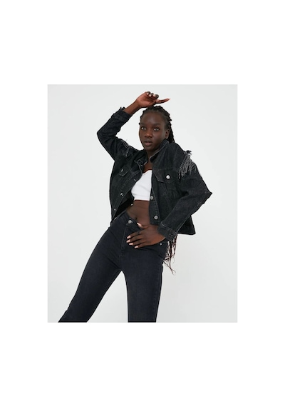 Zdnjeans Püskül Detaylı Antrasit Crop Denim Ceket