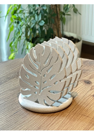 Monstera Modern Dekoratif Bardak Altlığı 4'lü Set Ve Standı - Mermer Beyazı Mermer