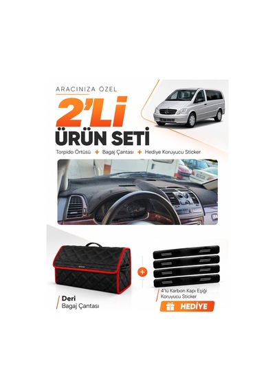 Mercedes Vito W639 2003-2014 Uyumlu Torpido Örtüsü + Deri Bagaj Çantası + Sticker - Siyah Kırmızı
