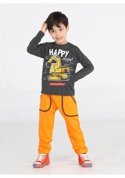 Casabony Bulldozer Erkek Çocuk Pantolon + T-shirt Takım-antrasit - Turuncu