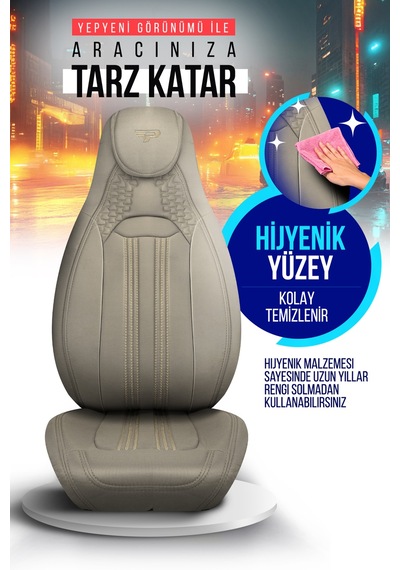 Bej - Bej Panda Hunter Lacoste Kumaş Ortopedik Destekli Oto Koltuk Kılıfı-tam Set