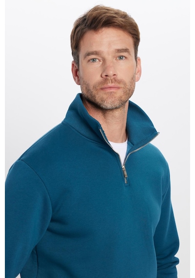 Tudors Unisex Relax Fit Rahat Kesim Pamuklu İçi Polarlı Yarım Fermuarlı İndigo Dik Yaka Sweatshirt-31449 Indıgo İndigo