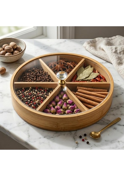 Deconox 30 Cm Bambu Bölmeli Sunumluk - Kristal Kulplu Kırılmaz Şeffaf Kapaklı Çerezlik, Kahvaltılık Ve Draje Tab Diğer