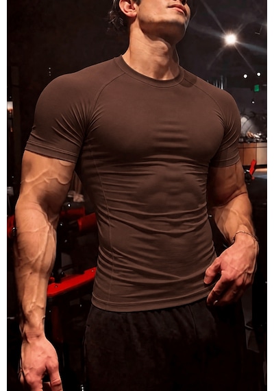 Genius Store Erkek Dalgıç Kumaş Compression Spor Tişört Muscle Body Fit Gym Antrenman T-shirt Compression-t-shirt Kahverengi