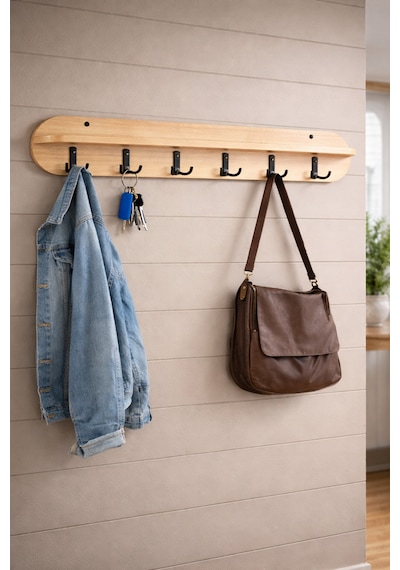 105 Cm 6 Kancalı Oval Kesim Ahsap Renk Duvara Monte Askılık Bal Meşe