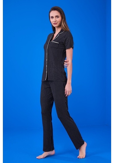 Pjs 23134 Kadın Çizgili Düğmeli Pijama Takım