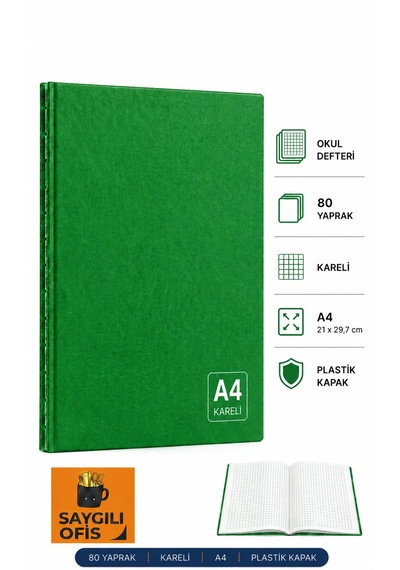 Saygılıofis 80 Yaprak A4 Dikişli Düz Pp Kapak Kareli Defter Yeşil