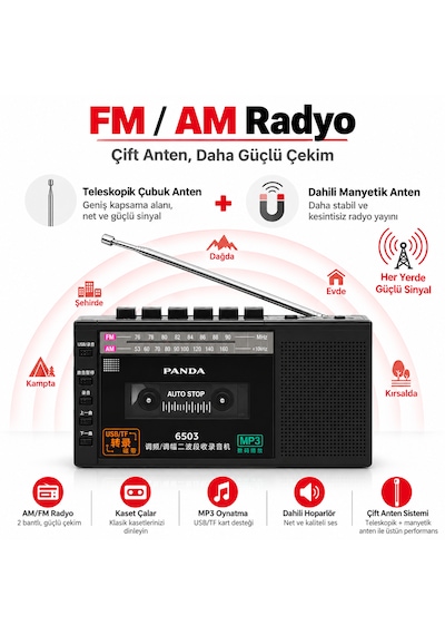 Panda 6503 Taşınabilir Kasetçalar Ses Kayıt Cihazı Fm/am Radyo Usb Tf Kart Mp3/wma Kasetten Dijitale Aktarım