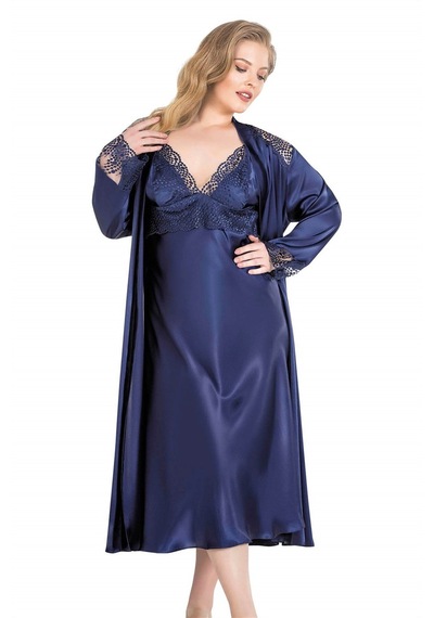 Aria's Closet Büyük Beden Lacivert Uzun İkili Saten Sabahlık Gece Lacivert