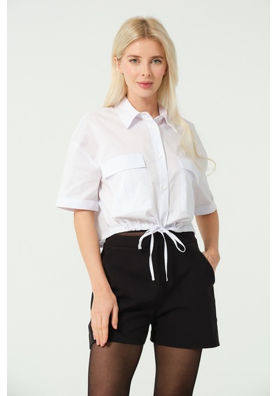 S'amore Clothing Bağcık Detay Crop Gömlek Beyaz Beyaz