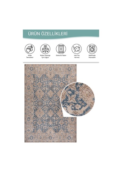 Artloop Relic Mavi Krem Vintage Klasik Desenli Dokuma Tabanlı Şönil Halı Al 590 Mavi-krem