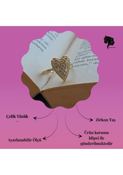 Ayarlanabilir Kalp Model Zirkon Taşlı Gold Renk Çelik Yüzük Altın