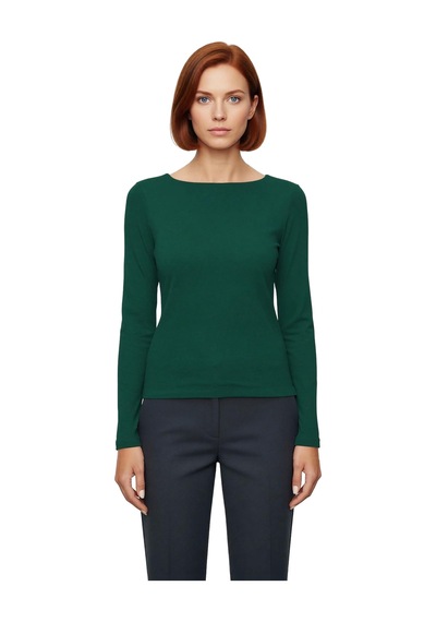 Frm Kadın Moda Şık Üst Giyim Crop Kayık Yaka Slim Kalıp Örme Pamuklu Zümrüt Yeşili