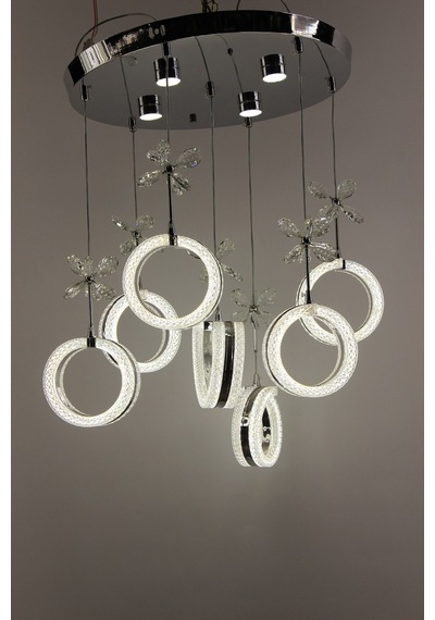 Krom Çemberli Seri 7li Işıltılı Halka Formlu Kristal Kelebekli Modern Sarkıt Gümüş