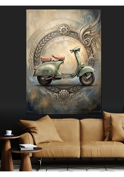 Eski Çerçevede Nostaljik Yeşil Vespa Dekoratif Kanvas - Mdf Ahşap Tablo