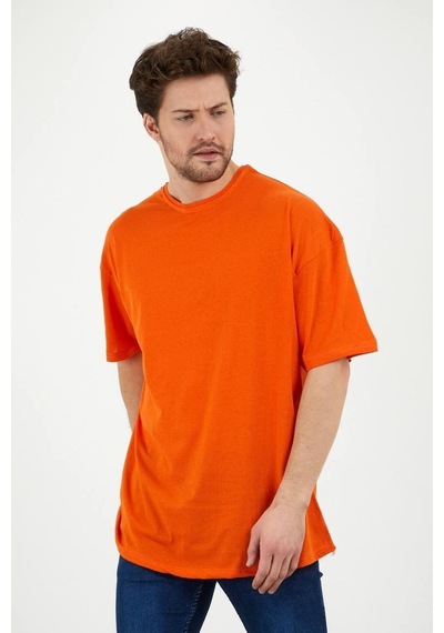 Unisex Pamuklu Turuncu Bisiklet Yaka Oversize T-shirt Turuncu