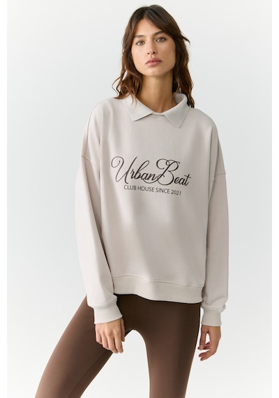 Urban Beat Alexıa Kadın Triko Gömlek Yakalı Baskı Detaylı Relaxed Taş Rengi Sweatshirt Taş Rengi