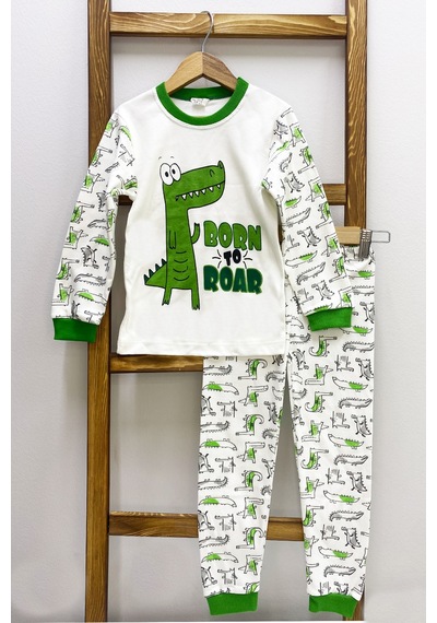 Hçm Erkek Çocuk Pijama Takımı Dinozor Baskılı Bisiklet Yaka C65 Yeşil