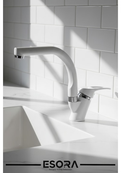 Beyaz Krom Banyo Lavabo Bataryası Musluğu Çeşmesi Çift Su Girişli