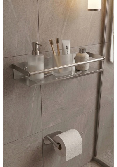 Zift Unique Paslanmaz Çelik Satine İnoks Yapışkan Montaj Banyo Rafı - Tuvalet Kağıdı Askısı Set Inox