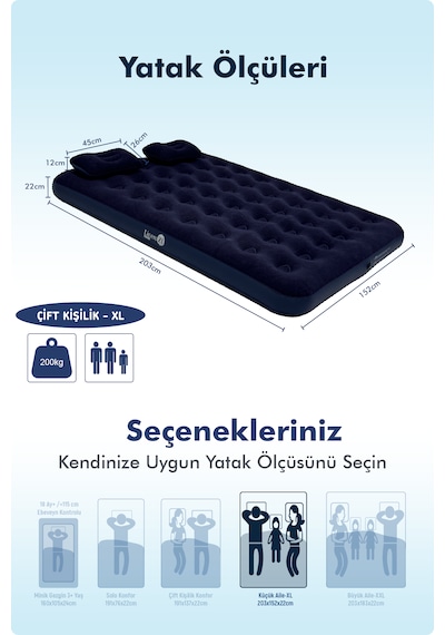Livenzi Çift Kişilik Şişme Yatak & Yastık 203 152 22 Cm Lacivert