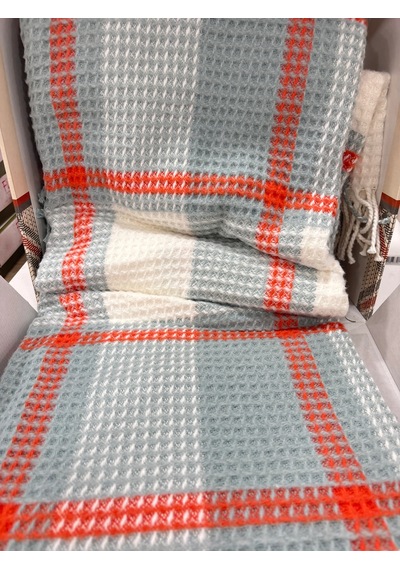 Sesli Comfort Turkuaz Turuncu Ekose Skoç Pamuk Örme Battaniye 200x220 Çift Kişilik Battal Diğer