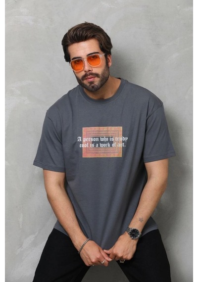 Erkek Baskılı T-shirt Kısa Kol Bisiklet Yaka Regular Fit Rahat Kalıp Tişört - Füme