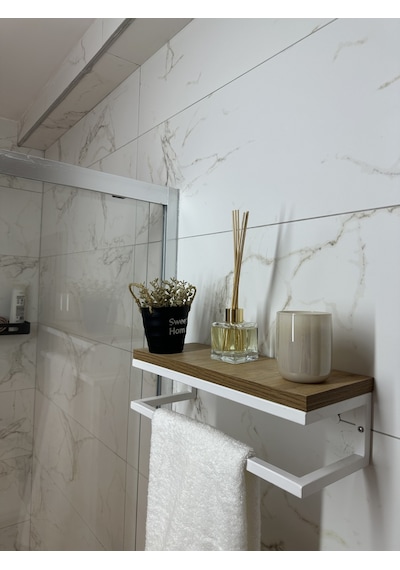 lyla concept Fulya Banyo Ahşap Raflı Beyaz Metal Havlu, Şal Askılık Ceviz Raf Beyaz
