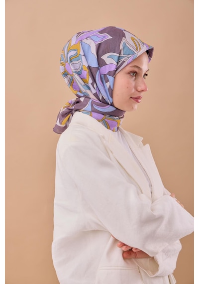 Silk Home Olinda İpek Eşarp 47003-11 Füme, Yanık Sarı, Lila, Çelik Mavi